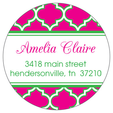 Hot Pink and Green Greek Pattern Round Address Labels